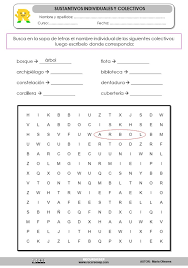 Sustantivos individuales colectivos cuando queremos expresar una sola cosa (singular): Sopa De Letras Sustantivos Individuales Y Colectivos