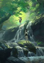 Anime River In The Forest Illustration Waterfall Scenery Anime Scenery River Art