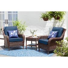 Hampton Bay Cambridge Brown 3 Piece Wicker Outdoor Bistro Set With Blue Cushion 65 17148b 3 The Home Depot Small Patio Furniture Outdoor Bistro Set Wicker Patio Furniture