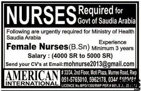 Nurses Required For Govt Of Saudi Arabia Female Nurses Jobs In Saudi Arabia Jobs In Pakistan Karachi Lahore Rawalpind Jobs In Pakistan Nursing Jobs Nurse