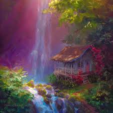 Abstract landscape painting landscape paintings carmel beach mission san juan capistrano hanalei bay glacier park yosemite falls pebble beach water lilies. Healing Retreat Canvas Print Of Waterfall Painting With Hawaiian Cottage