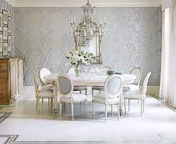 Extra wide printed botanic style wallpaper. Bright White And Inviting Family Home Dining Room Wallpaper Elegant Dining Room Elegant Dining