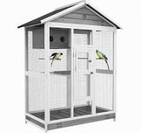 Pawhut 65" Cage A Oiseaux Grande Voliere En Bois Pour Canari Avec Plateau  Coulissant Nid De Poteau Debout, Pour Interieur Exterieur, Gris