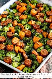 Roasted Sweet Potatoes Sausage And Broccoli Sheet Pan Meal Kalyn S Kitchen Recipe Roasted Sweet Potatoes Sheet Pan Recipes Health Dinner Recipes