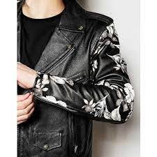 Reclaimed Vintage Leather Biker Jacket With Printed Sleeves Liked On Polyvore Featuring O Painted Leather Jacket Floral Leather Jacket Vintage Leather Jacket