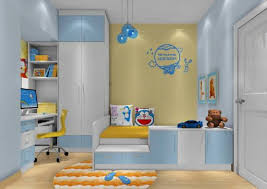 Yellow and blue bedroom features a bed dressed in white and blue bedding placed in front of windows dressed in bamboo roller shades layered with a blue print wallpaper alongside a yellow greek key bench placed at the foot of the bed illuminated by a ro sham beaux malibu chandelier. 37 Joyful Kids Room Design Ideas With Blue Yellow Tones