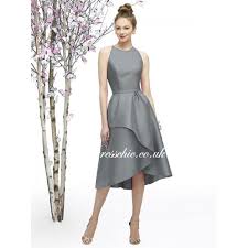2015 Pewter Silver Grey Tea Length Dress With High Low Skirt Tea Length Bridesmaid Dresses Unique Bridesmaid Dresses Satin Bridesmaid Dresses