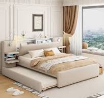 Queen Size Modern Upholstered Platform Bed with Storage Headboard and  Reading Lights, Linen Platform Bed Frame with Drawers, Trundle and Shelves  for ...