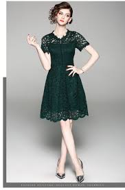 2018 New Summer Style Designer Dress Women High Quality Fashion Elegant Short Sleeve Hollow Out Green Lace Dr Green Lace Dresses Elegant Fashion Womens Dresses