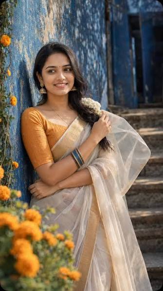 Traditional Sheer Saree & Marigolds Portrait