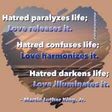 And hence it is that every hatred is extreme heat kills, and so extreme cold: Hatred Paralyzes Life Love Releases It Hatred Confuses Life Love Harmonizes It Hatred Darkens Life Love Illuminates It Martin Lu Luther Hatred Mlk Jr