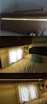 We Added An Led Light Strip With Dimmer Under The Bunk Cabinet Above The Bed In The Rv Rv Renovation Rv Decor Rv M Strip Lighting Led Light Strips Rv Decor