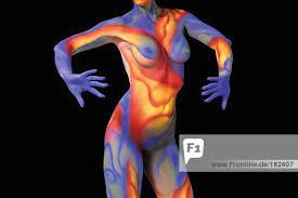 Nude woman wearing multi-colored body paint