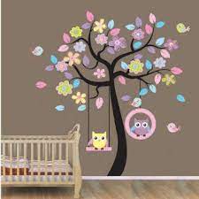 Amazon Com Owl On Swing Birds Flowers Tree Wall Art Decor Decals Kids Nursery Baby Room Wall Sti Owl Tree Wall Decal Baby Nursery Wall Decals Kids Wall Decals