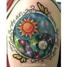 Beautiful Full Color Ying Yang Sun And Moon Lettering Butterflies Female Arm Tattoo By Tami Rose Full Moon Tattoo Cool Tribal Tattoos Sun Tattoo