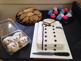 Culinary School Graduation Party Chefs Coat Cake Chef S Hat Cookies Biscotti Cupcakes And Salted Oat Culinary Arts Recipes Cooking Cookies Graduation Cakes
