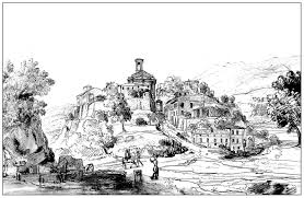 Farm animals and rural landscape coloring vector for adults. Engraving Vanvitelli Latium 18th Century Landscapes Adult Coloring Pages