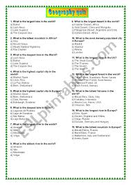 If you get 8/10 on this random knowledge quiz, you're the smartest pe. Geography Quiz Esl Worksheet By Spinney