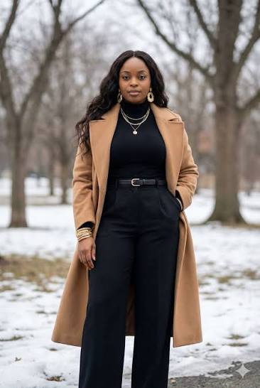 Sharp winter tones 🌲🖤 Forest green turtleneck, camel trousers, and charcoal coat — classic meets bold confidence.