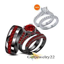 3 00 Carat Red Garnet 14k Black Gold Finish His Hers Trio Wedding Ring Sets Wedding Ring Trio Sets Wedding Ring Sets Wedding Rings