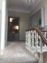 Bm stonington gray in a moderately lit hallway. Elephants Breath Skimming Stone And Stone White By Farrow And Ball Wallpaper By Farrow And Ball Stairs Design House Inspiration New Homes