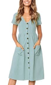 Angashion Women S Dresses Short Sleeve V Neck Button T Shirt Midi Skater Dress With Pockets Lig Summer Dresses For Women Vintage Midi Dresses Midi Dress Casual