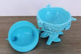 Vintage Blue Milk Glass Robin On Nest