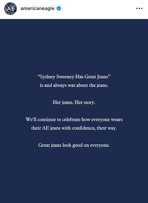 American Eagle issues a statement following backlash from their Sydney Sweeney jeans/genes campaign : r/popculturechat