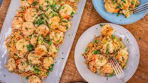 Rachael S Spanish Shrimp Scampi Pimento Rice With Peas Shrimp Scampi Scampi Seafood Recipes