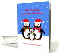Birthday Greetings In Spanish Language Feliz Navidad Penguin Family Custom Text Christmas Card German Christmas Cards Spanish Christmas Cards Christmas Cards