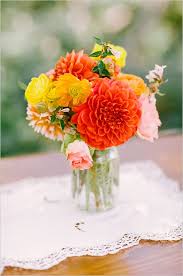 Orange Dahlia Mason Jar Floral Arrangement Flowers Orange Flowers Flower Arrangements Orange Wedding Flowers Flower Bouquet Vase