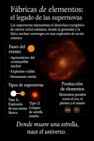 Las supernovas son explosiones estelares que liberan energía inimaginable. Dispersan elementos pesados como carbono, oxígeno y hierro por todo el universo, enriqueciendo el espacio y dando origen a nuevas estrellas. Sin estas