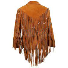 Women Tan Western Fringes Suede Leather Jacket With Decorative Beads Fringe Clothing Fringe Leather Jacket Western Wear For Women