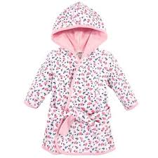 Spa robe features a gold, aqua and pink ribbon tail and a hood with embroidered eyes, white and pink ears, an aqua mane, and a gold unicorn horn. Baby Bathrobe Target