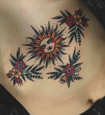 Traditional Sun And Flowers Sternum Tattoo Tattoo Ideas And Inspiration Sun Tattoo Designs Sun Tattoo Sun Tattoos