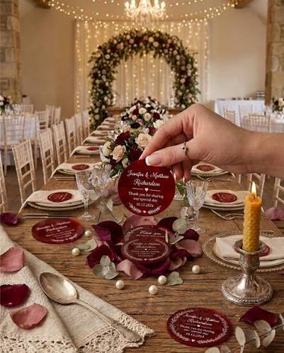 Rich, romantic details that your wedding guests will hold onto forever ✨🌹 Crafted from vibrant translucent red and deep ruby acrylic, our personalized wedding favors bring a glass-like elegance to every table