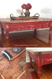Vintage Rustic Coffee Table Hand Painted Red And Heavily Distressed Top Left Natural And Sealed Painted Furniture Red Distressed Furniture Rustic Furniture