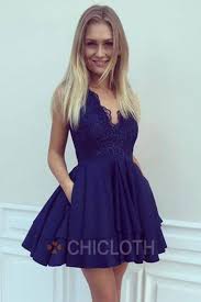 A Line V Neck Short Navy Blue Satin Homecoming Dress With Lace Sequins Pockets Royal Blue Homecoming Dresses Homecoming Dresses Satin Homecoming Dress