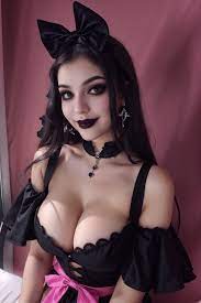women, cleavage, goths, TheRRRealist, big boobs, looking at viewer,  smiling, lipstick, long hair, gothic lolita, AI art, Stable Diffusion,  selfies, realistic, digital art, portrait display, black hair, choker,  earring, hair bows |