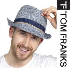Tom Franks Mens Straw Trilby Sun Hat in Blue
