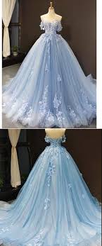 Charming Off The Shoulder Appliques Tulle Ball Gown Prom Dresses Light Blue Formal Evening Dress Ml2177 Pretty Quinceanera Dresses Prom Dresses Ball Gown Ball Gowns Prom