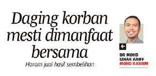 Antara dosa yang sering berlaku semasa pengurusan korban ialah mencuri daging korban ataupun bahagian korban. Daging Korban Mesti Dimanfaat Bersama