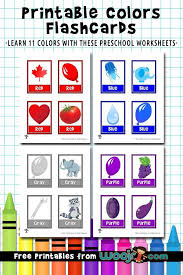 Each of the printable color flashcards for toddlers has the correct color border, crayon color, color word, and lots of cute clipart images that represent real world images typically in that color. Printable Colors Flashcards Woo Jr Kids Activities