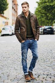 Mens Outfit Brown Leather Jacket Dark Green Henley Medium Wash Jeans Boots Mens Fashion Casual Menswear Mens Outfits