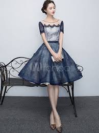 Ink Blue Cocktail Dress Lace Illusion Tulle Party Dress Short Sleeve A Line Knee Length Graduation Dress Wedding Guest Dress With Images Cocktail Dress Lace Tulle Party Dress Party Dress Short