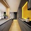 Contemporary galley open plan kitchen in melbourne with beige splashback, with island, grey floor. 3