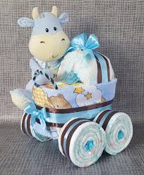 Windeltorte Windelkinderwagen Mit Susser Kuh Baby Geschenke Basteln Windelkinderwagen Baby Geschenke