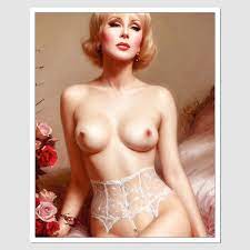 SD-04260 Barbara Eden A Painting Of A Naked Nude Woman Sitting On A Bed, An  Art Deco Painting, Art Frahm, Figurative Art, Garter Belt, Thorn Rose  Crown, inspired by Lori Earley, Blond
