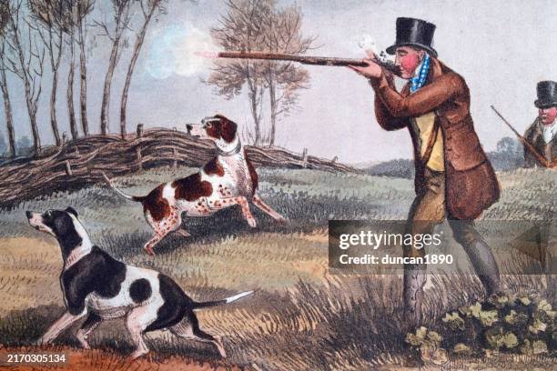History Of Sport Game Shooting Man Hunting For Game Bird With Dog And Gun 19th Century Field Sports 1820s High-Res Vector Graphic - Getty Images