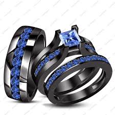 Black And Blue Wedding Rings For Her Blue Sapphire Black Gp 925 Silver His Her Wedding Band Engagement Ring Trio Set With Images Black Gold Ring Black Gold Jewelry Wedding Ring Trio Sets